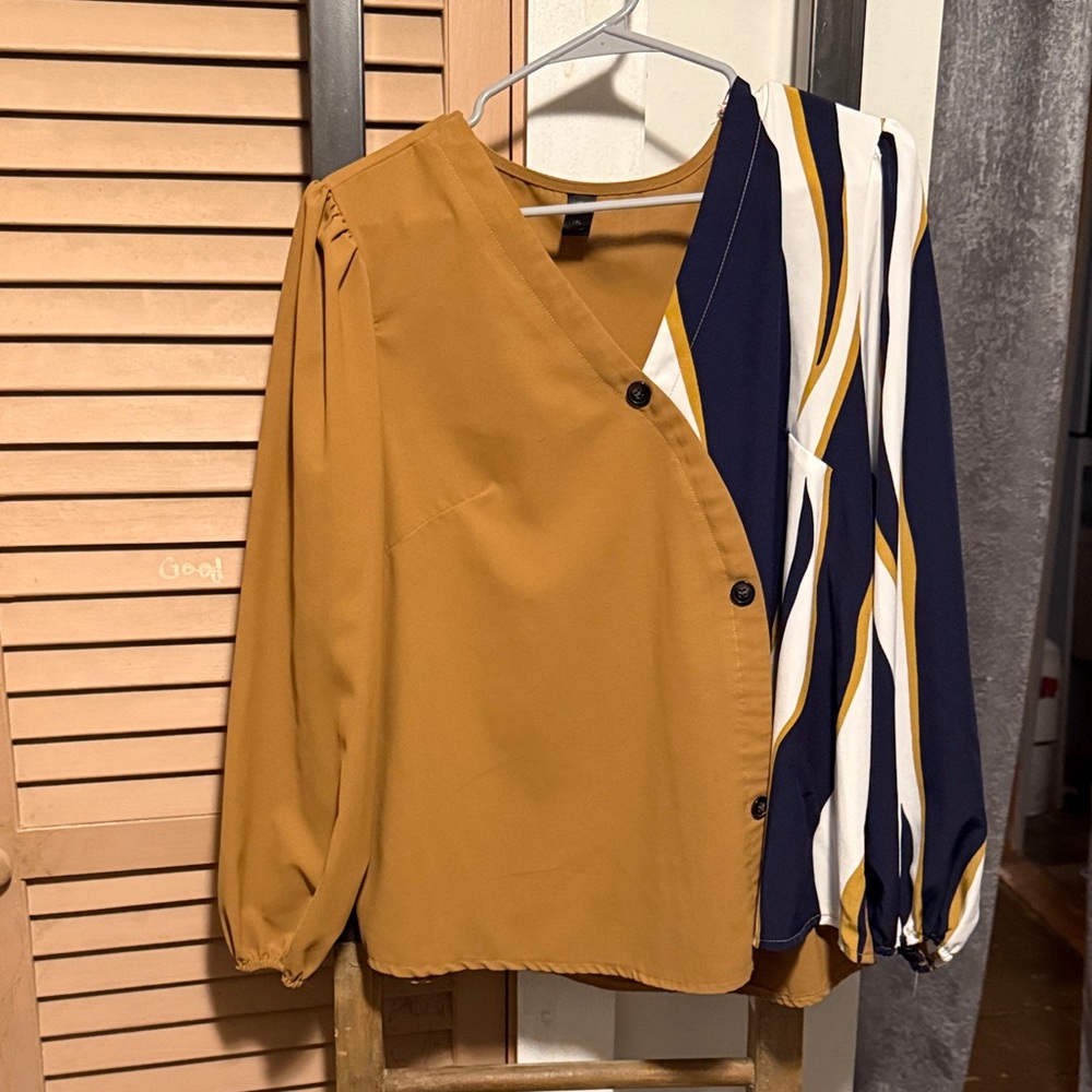 SHEIN Mustard and Navy Asymmetrical Blouse